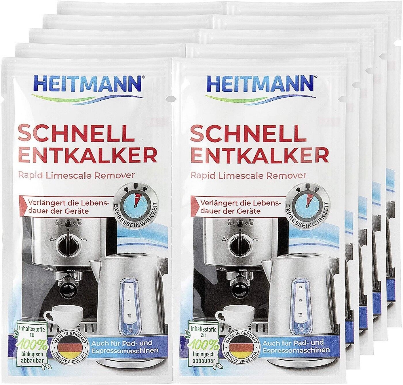 Heitmann Schnell-Entkalker: Natürlicher Universalentkalker für Kaffeemaschinen, Wasserkocher, Eierkocher, 2 x 15 g, 5er Pack