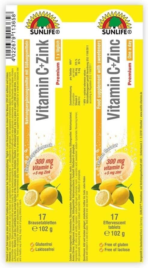 SUNLIFE Vitamin C + Zink Brausetabletten hochdosiert 17Stück