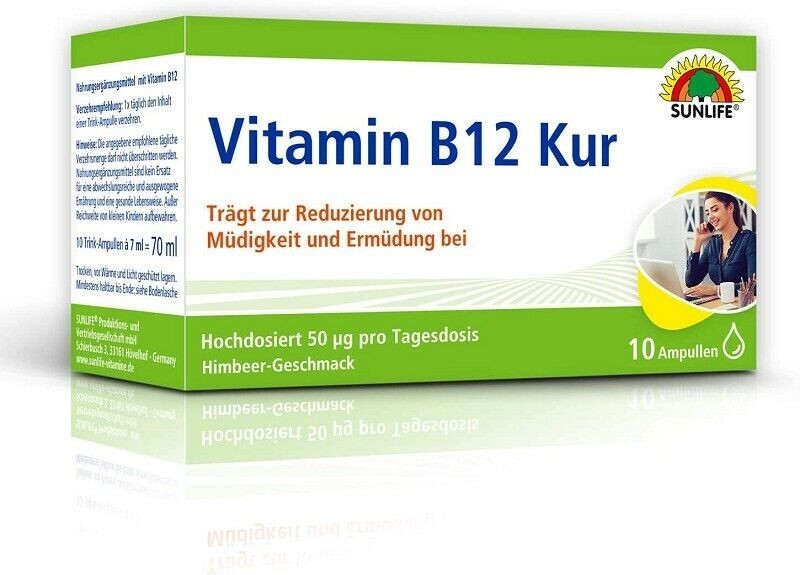 Sunlife Vitamin B12 Kur hochdosiert gegen Müdigkeit & Erschöpfung erhöht geistige Leistungsfähigkeit, 10 Ampullen à 7ml