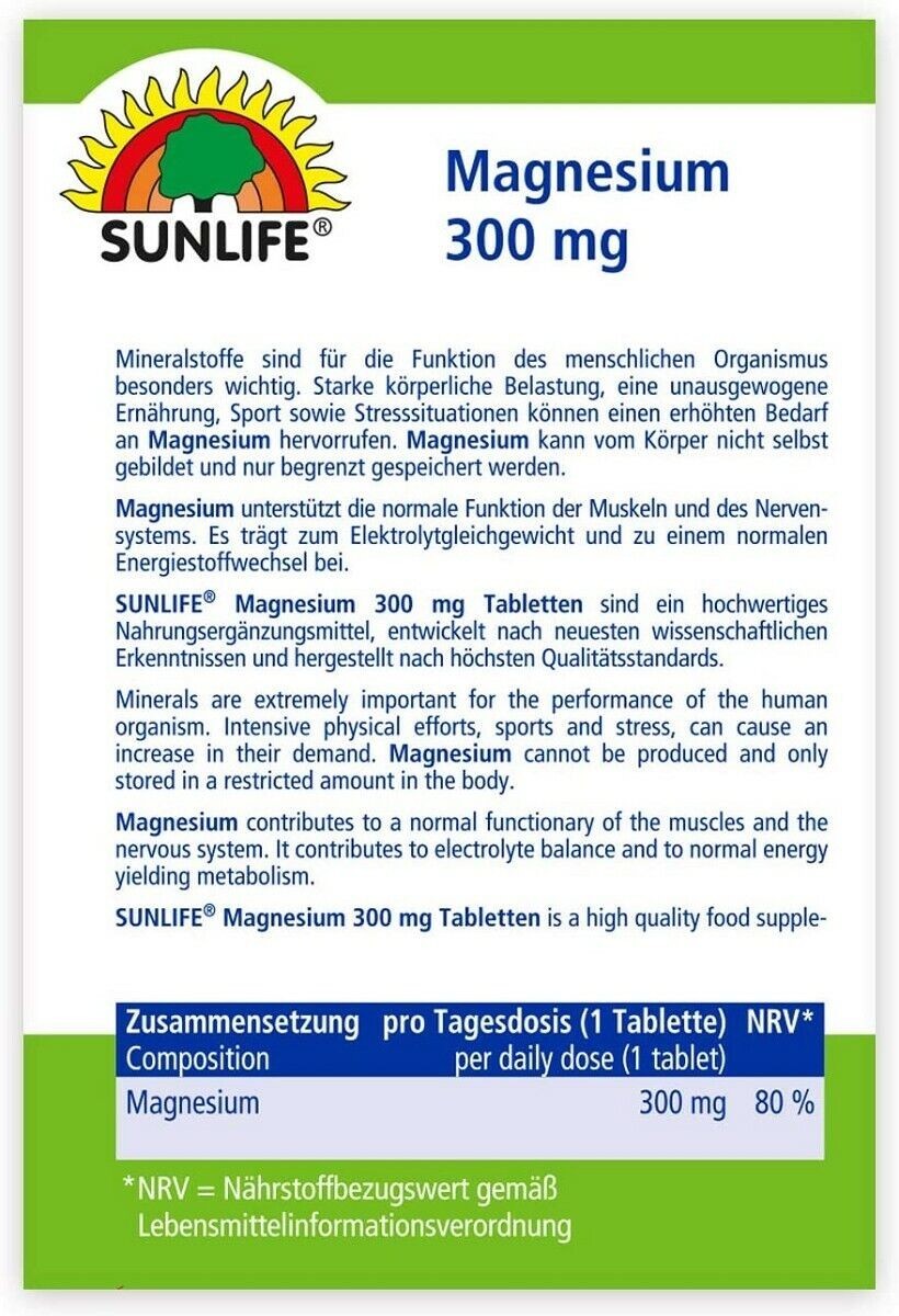 SUNLIFE Magnesium Tabletten 300mg: für starke Muskeln, Nerven & Knochen 150 Tabletten