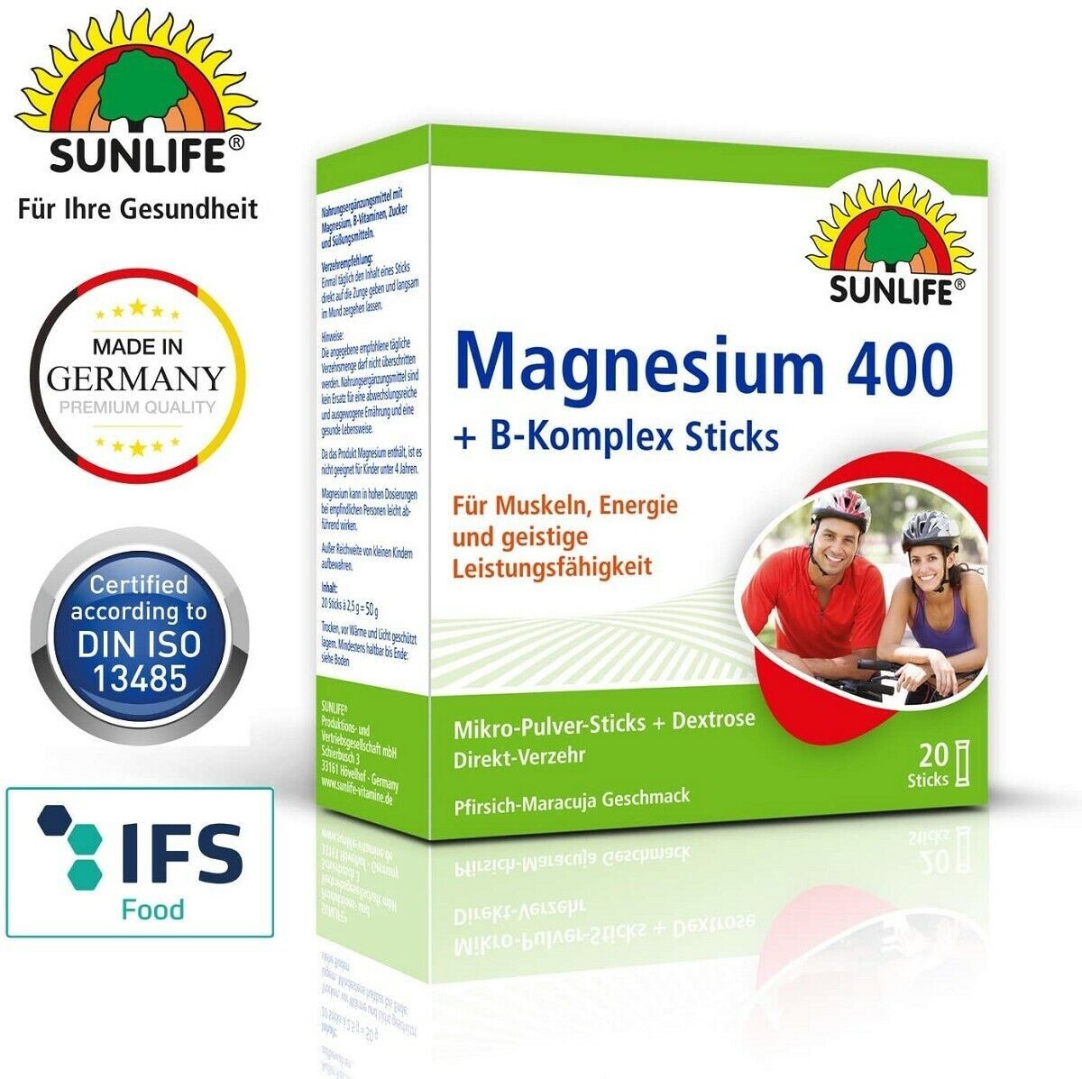 SUNLIFE Magnesium 400mg + B-Komplex 20 Sticks à 2,5g für Muskeln, Nerven und mehr Energie